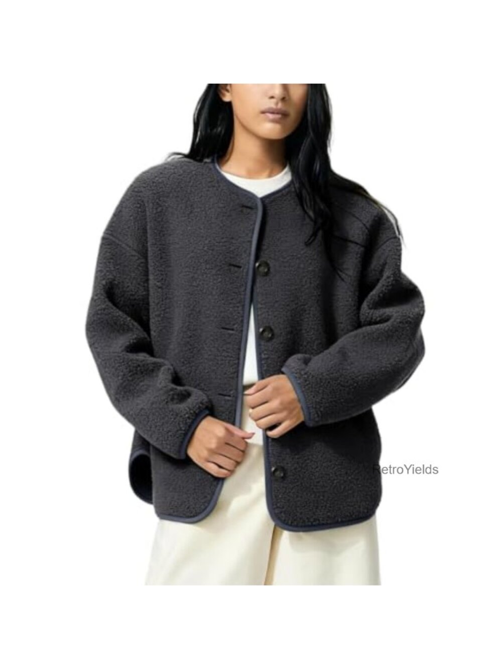 Womens Sherpa Fleece Jacket Button Down Crew Neck Fuzzy Warm Oversized Fall